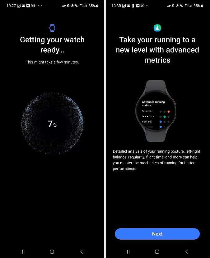 screenshot of Galaxy Wearable app showing on-screen prompts