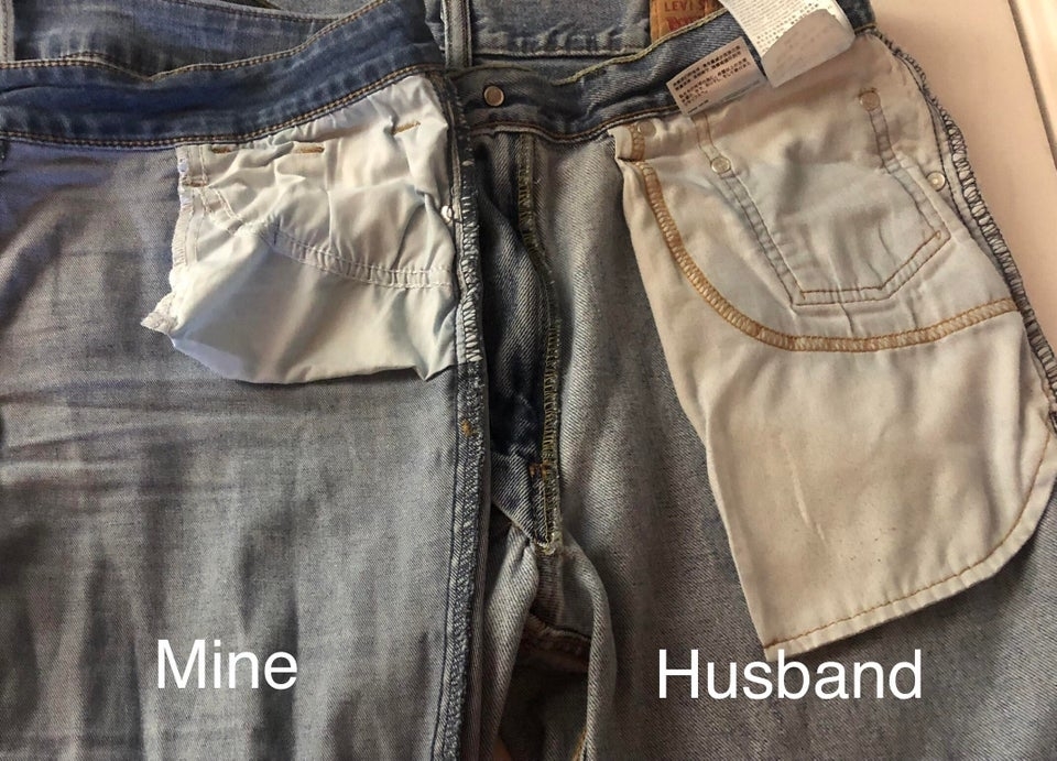 A side-by-side comparison of a woman&#x27;s small jean pockets next to her husband&#x27;s much deeper pockets