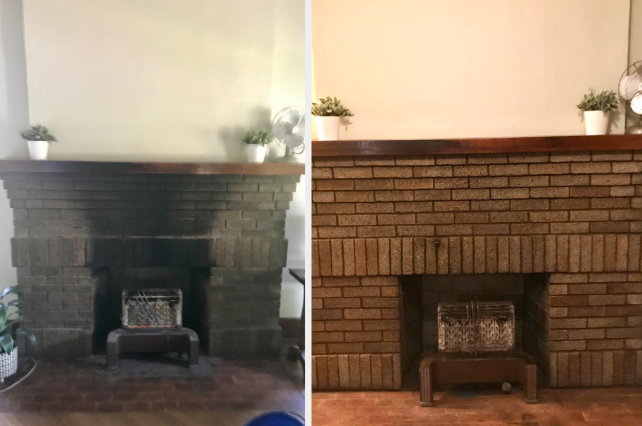Left: A customer review photo of their soot-covered fireplace mantel right: the same fireplace with no soot stains after using the fireplace cleaner