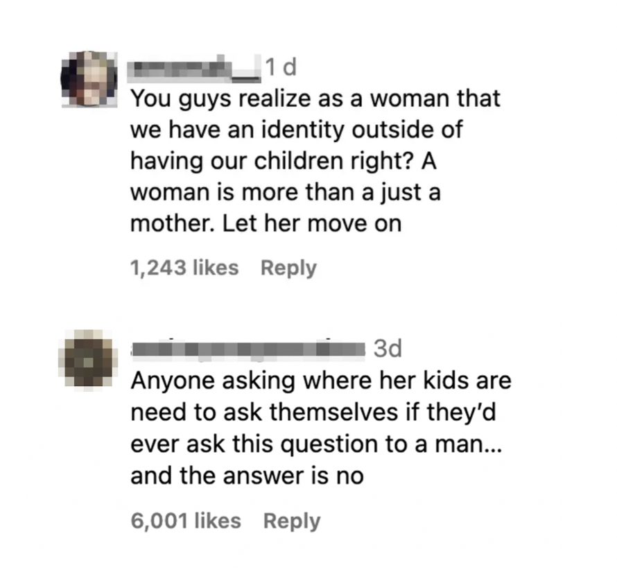 Comments saying women have identities outside their children and they wouldn&#x27;t ask a man the same question
