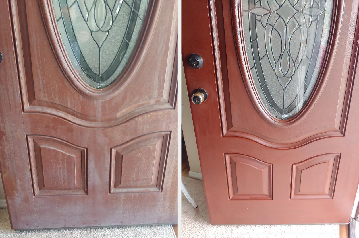 left: before photo of a reviewer&#x27;s reddish-brown door, which looks cloudy and dirty; right: the same door after it was wiped clean and it looks like a rich mahogany color