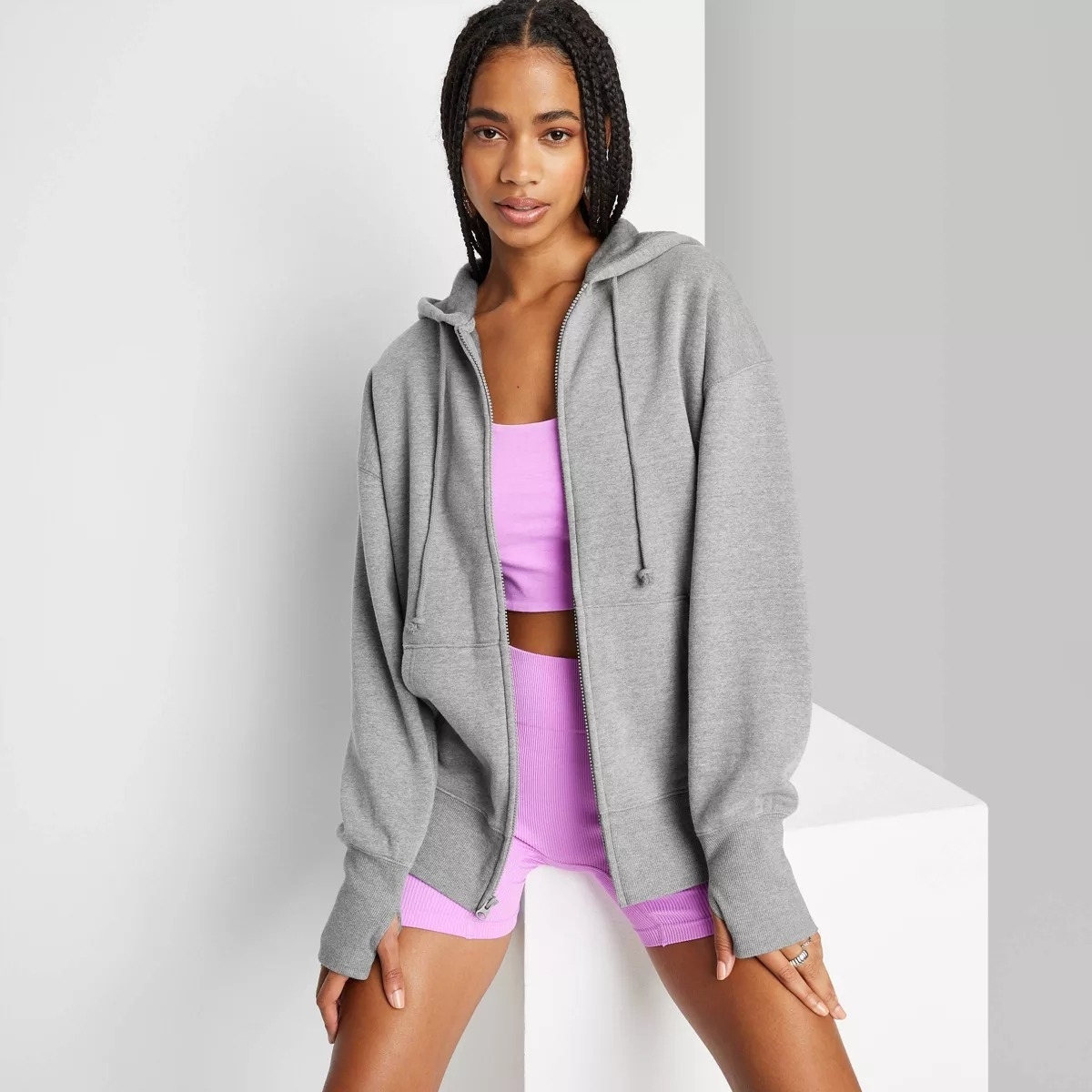 grey long sleeve hoodie with zipper on model