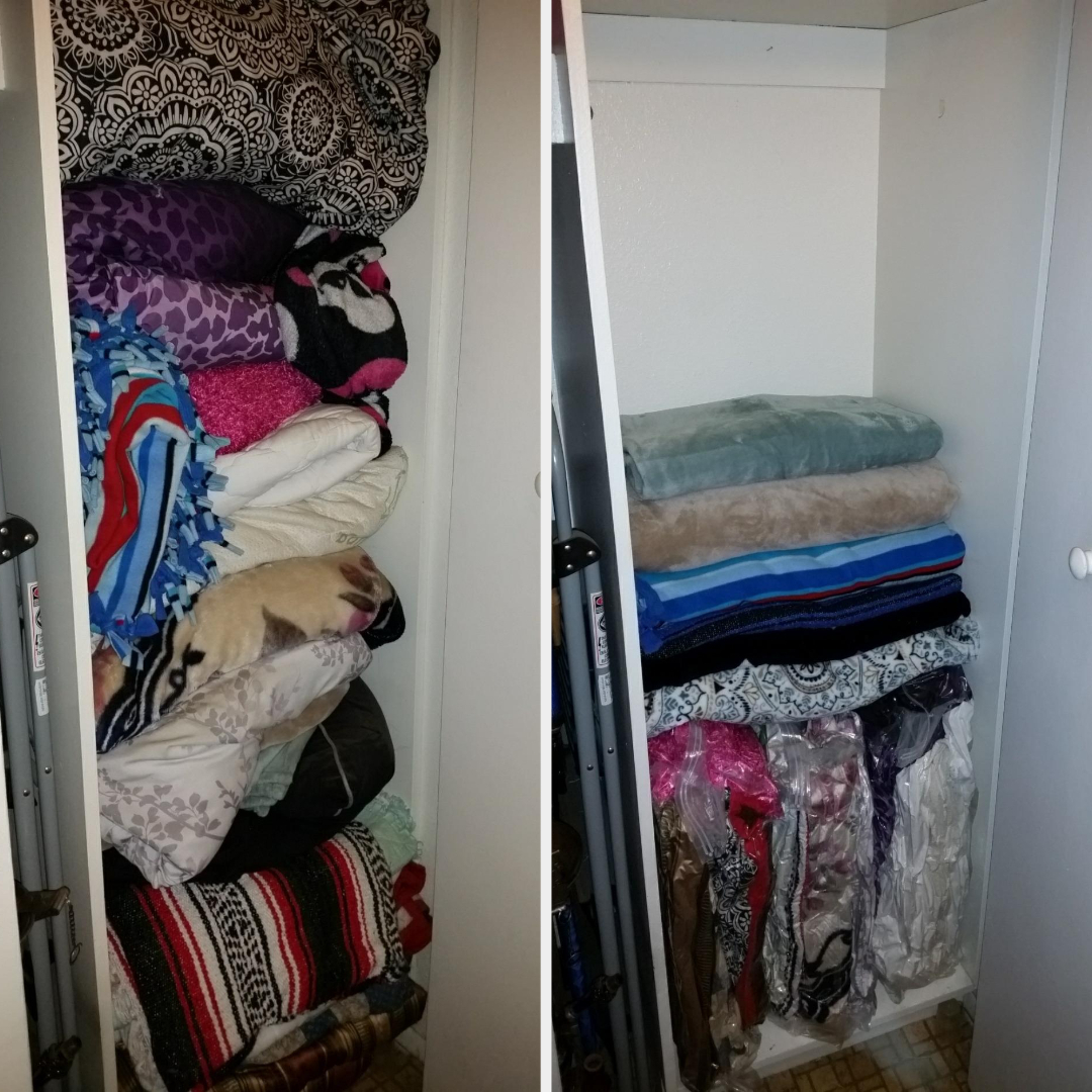 left: a reviewer&#x27;s cupboard with folded blankets all the way to the top; right: The same cupboard with blankets taking up half the space, thanks to the vacuum bags
