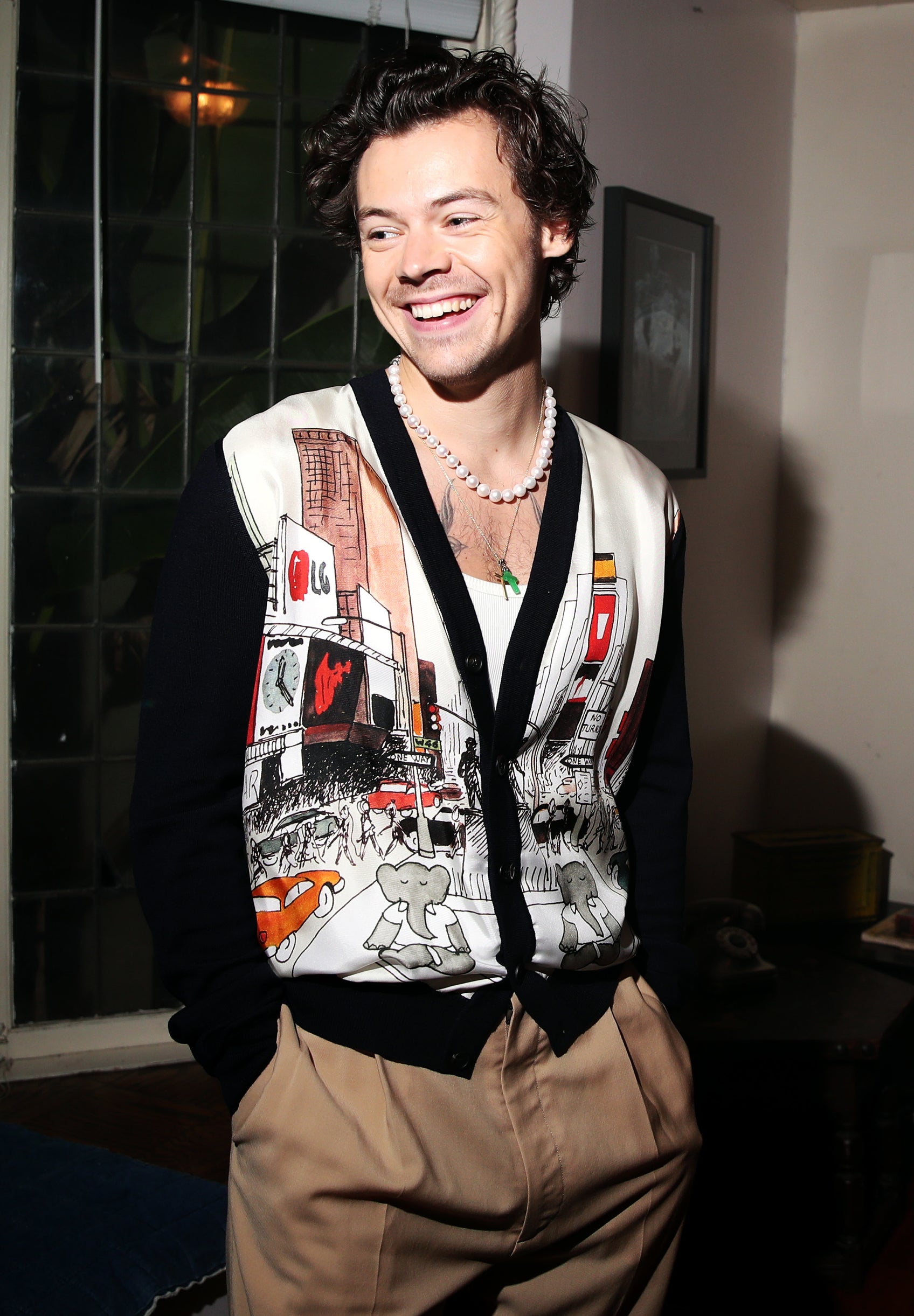 he&#x27;s wearing trousers and a cardigan with elephants on it