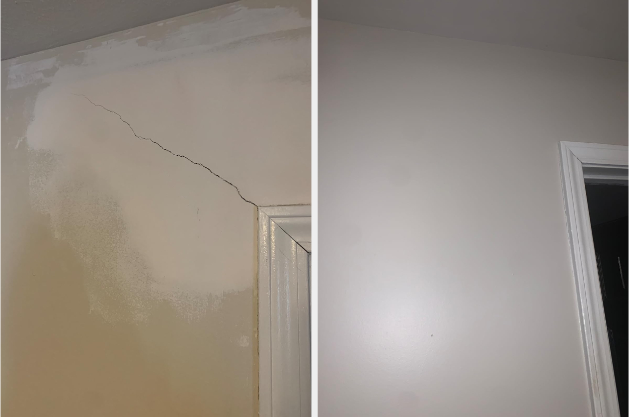 left: A reviewer photo of a wall with a long crack on it; right: A reviewer photo of the same wall with no crack