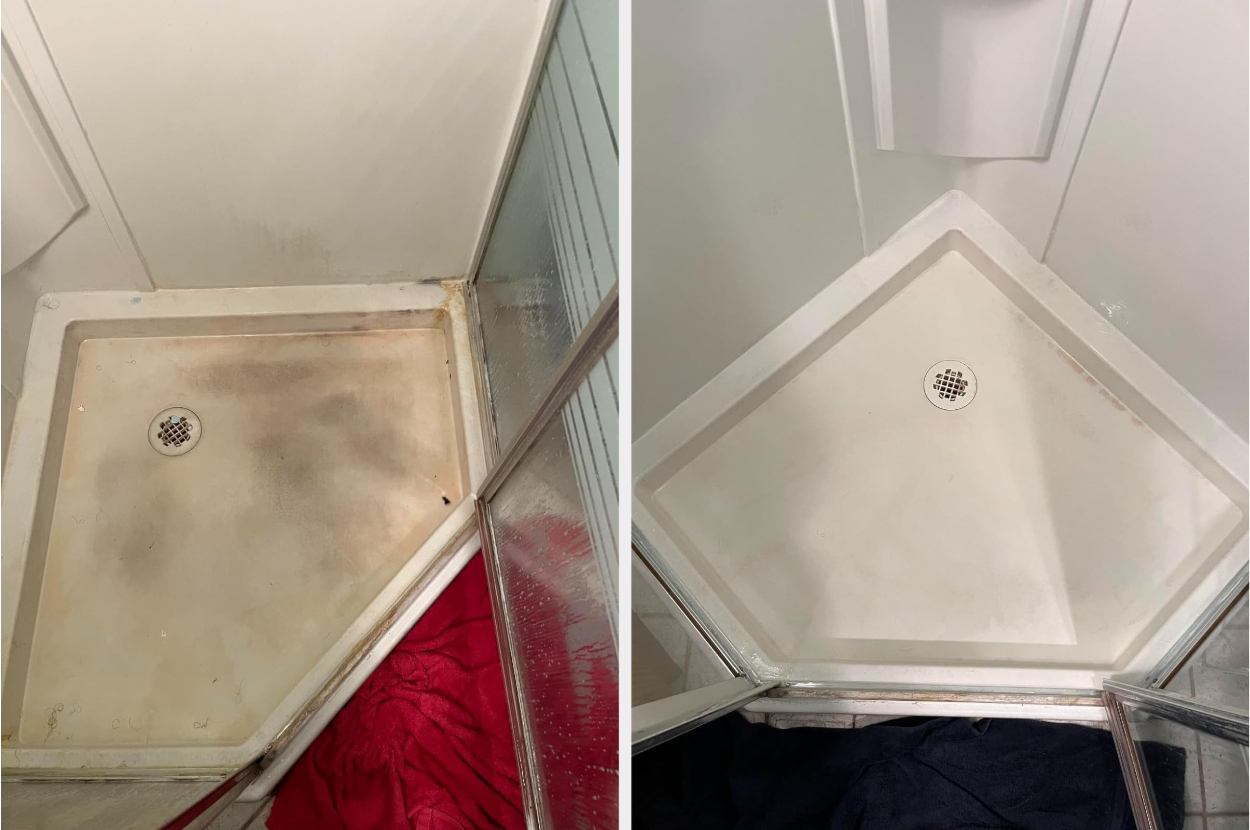 A before/after of a reviewer&#x27;s stained shower floor with the stains removed in the after