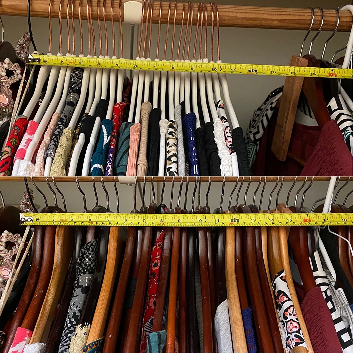 A reviewer&#x27;s closet before, using wooden hangers taking up over 18 inches of hanging space, and after using the velvet hangers only taking up 10 inches of hanging space