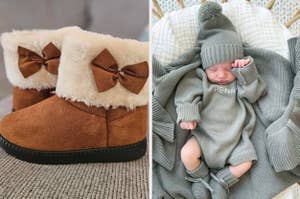 to the left: faux fur lined boots, to the right: an infant in a sweater bubble romper
