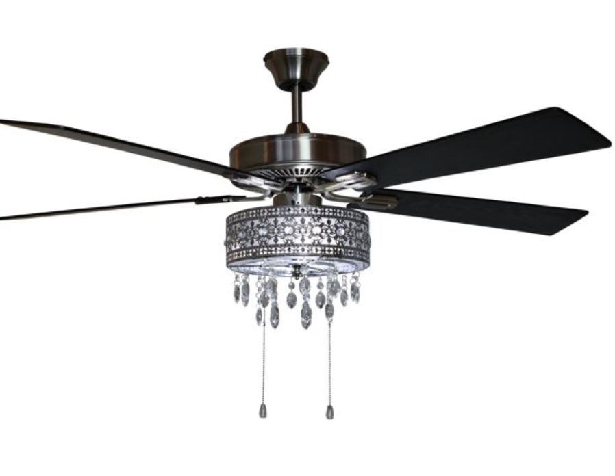 silver and crystal chandelier with ceiling fan