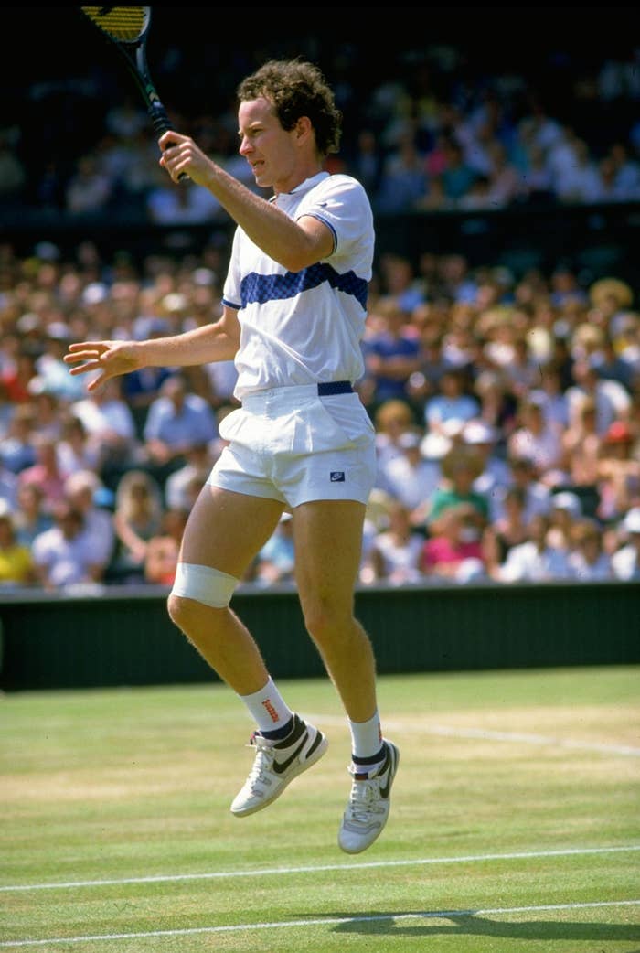Jun-Jul 1985: John McEnroe of the USA in action during the Lawn Tennis Championships at Wimbledon in London.
