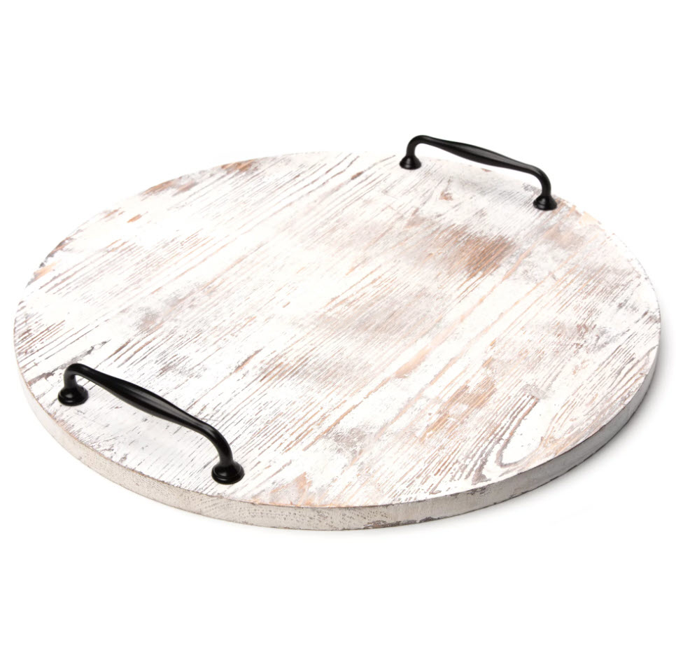circular wooden display tray with two black metal handles
