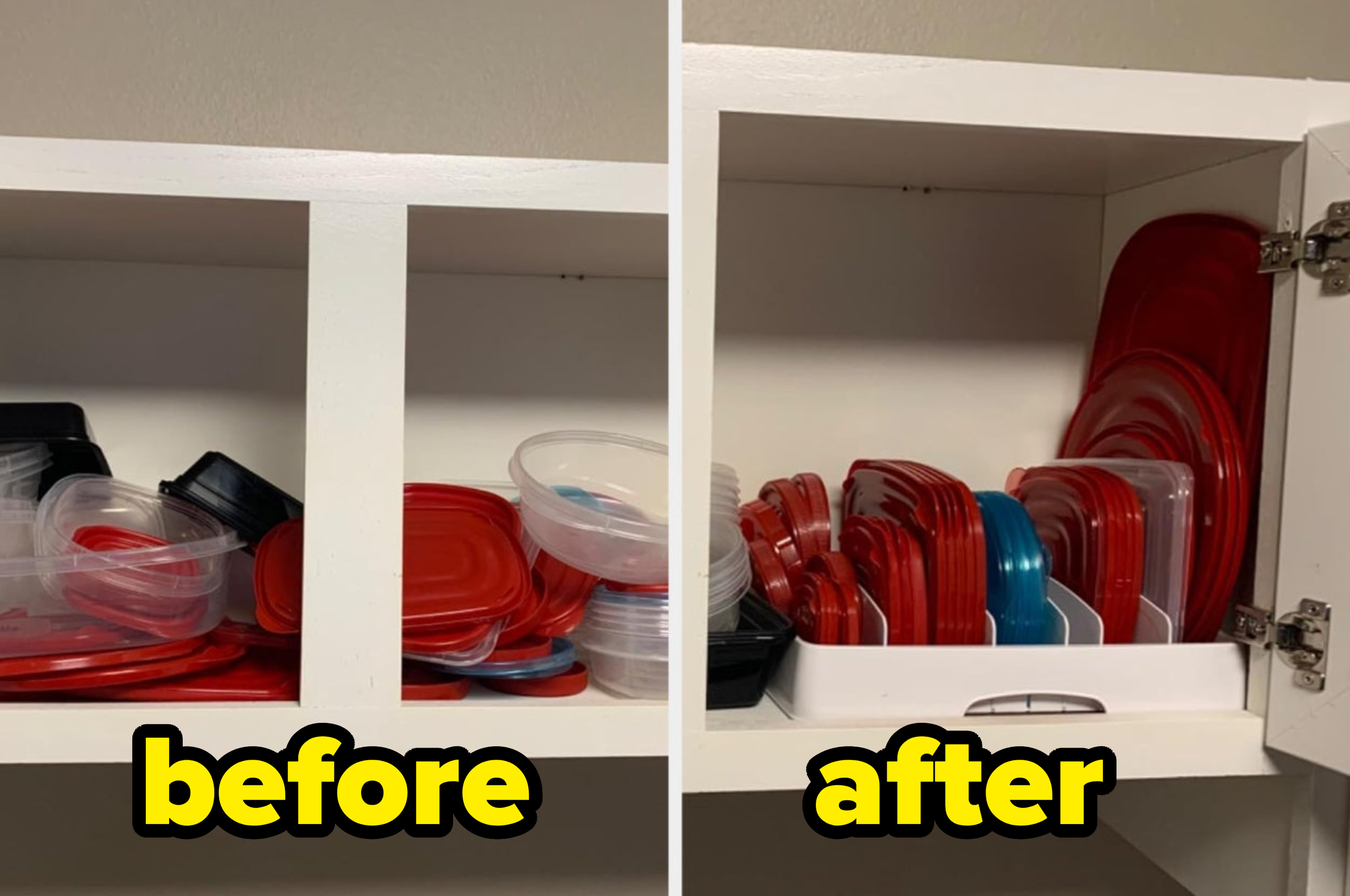 left: a reviewer&#x27;s cabinet with jumbled containers and lids; right: the lids stored vertically in the organizer