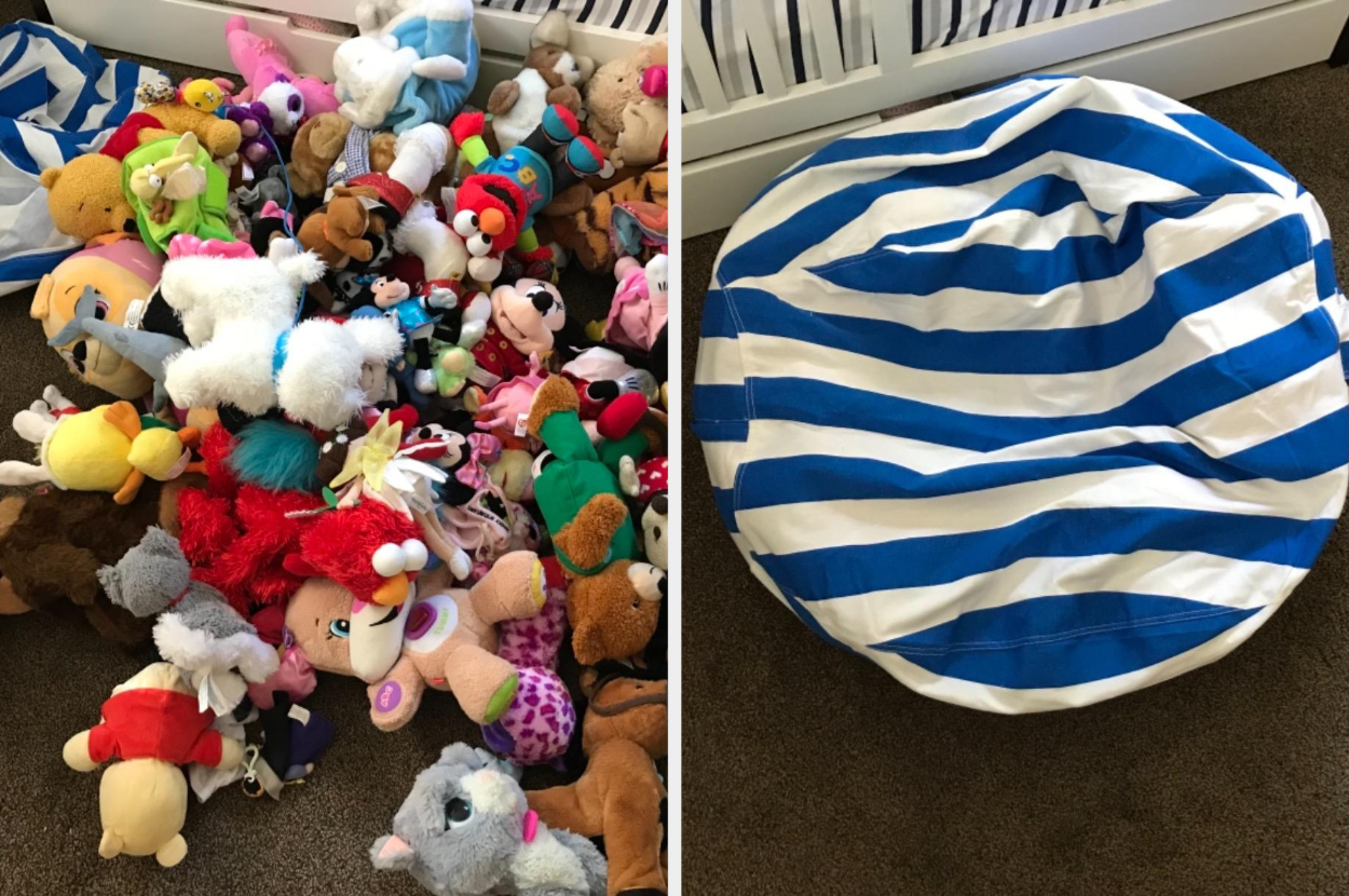left: Reviewer&#x27;s before photo showing a pile of stuffed animals in a messy room / right: Reviewer&#x27;s after photo showing  a tidy room with the stuffed animals hidden inside the bean bag cover