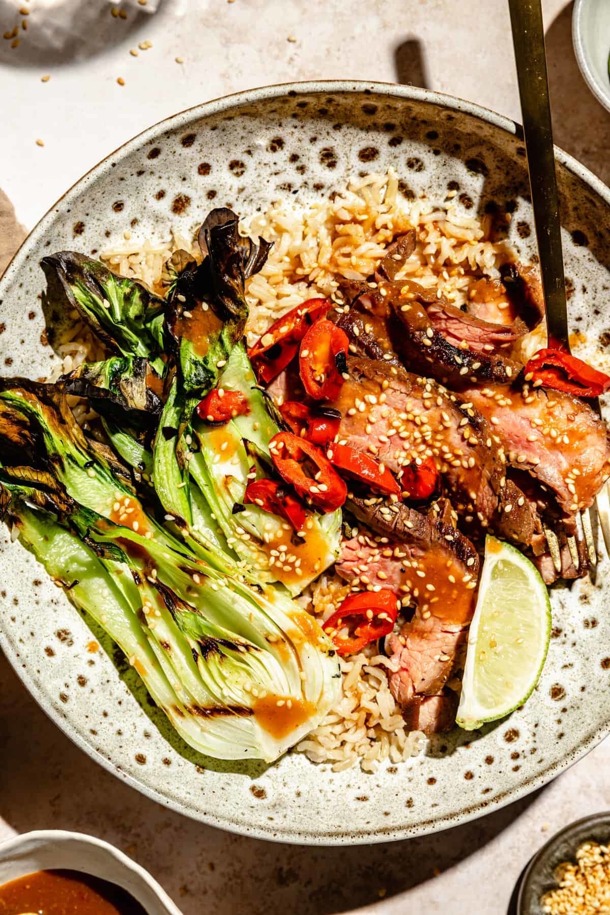 Miso marinated steak bowl with bok choy and rice