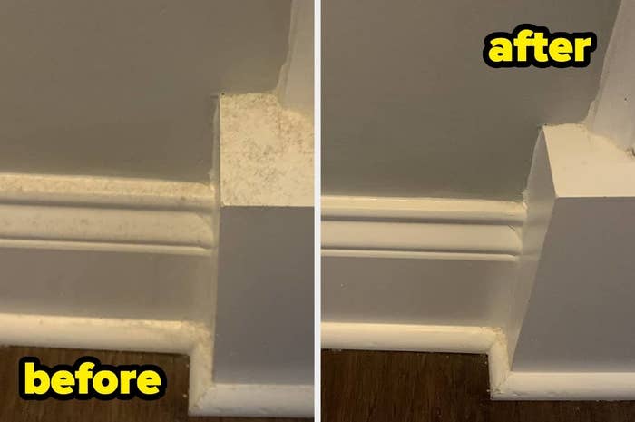 a before and after of a reviewer&#x27;s once dusty baseboards