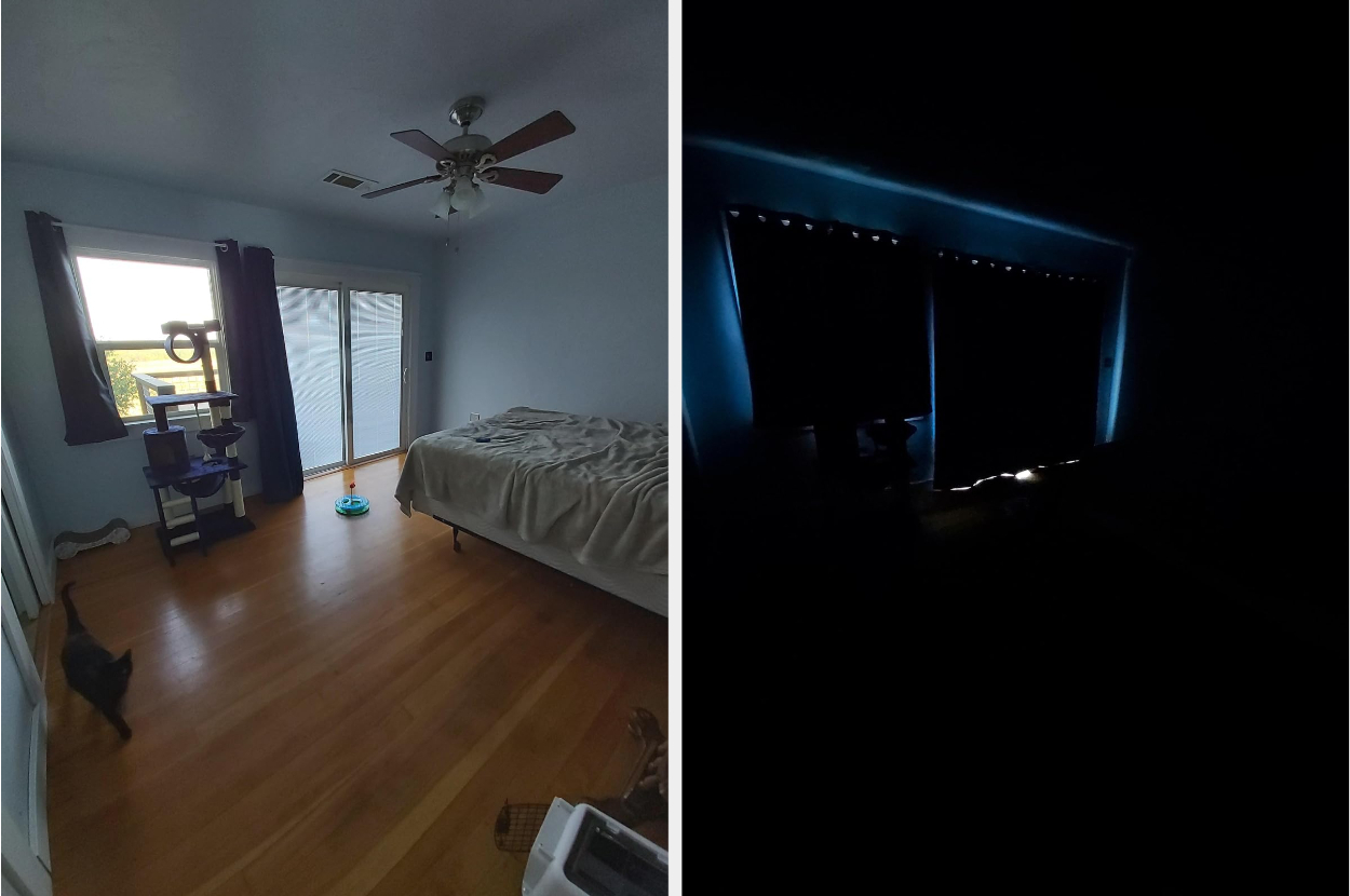 left: a reviewers room bright in the daytime; right: the same review completely dark thanks to the curtains