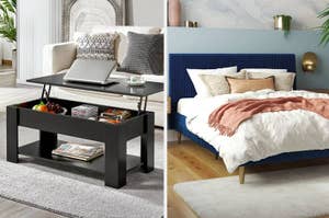 on left: black coffee table with storage space underneath. on right: blue bed with white sheets