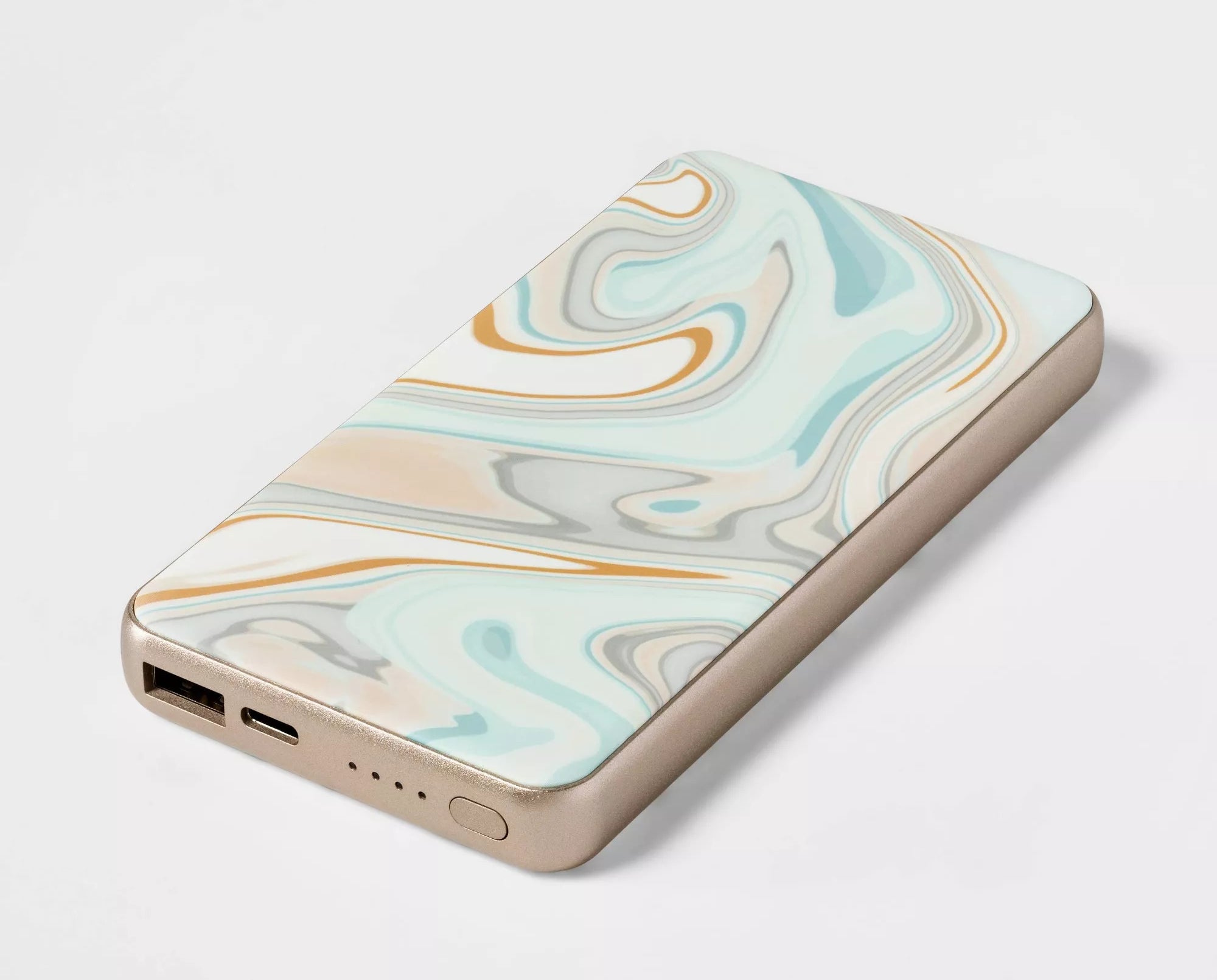 The flat, rectangular charger in a pastel marble design and rose gold accents