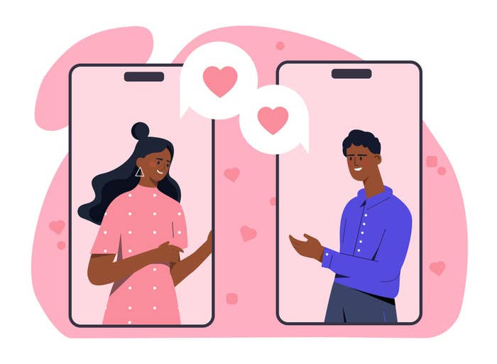 animated graphics of of two people on phones with pink hearts linking them