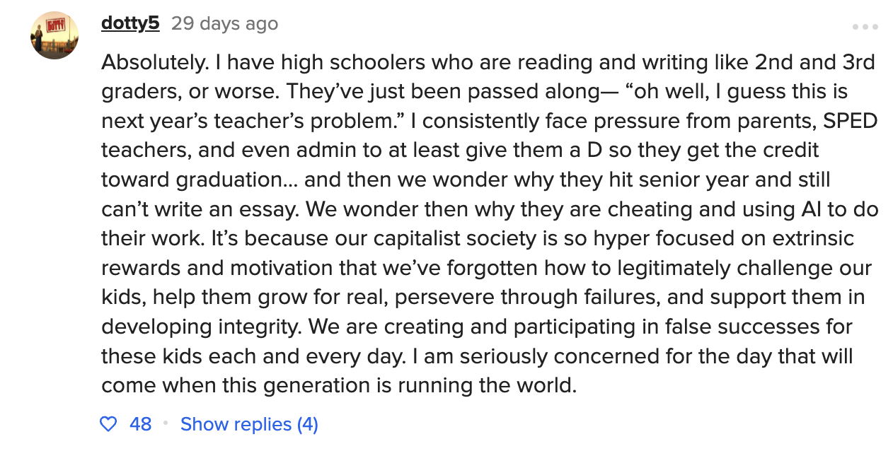 A commenter writing that school districts are letting kids fall behind and they are concerned about their future