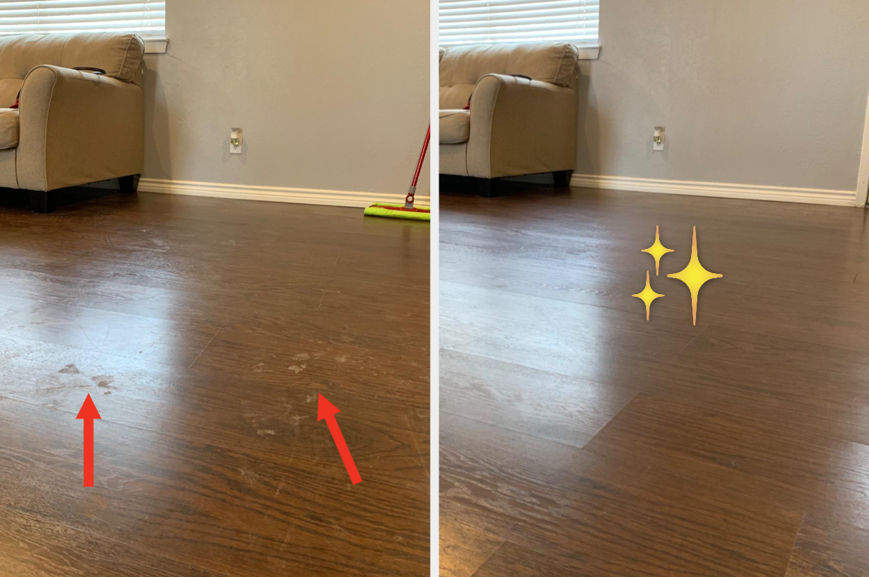 A reviewer&#x27;s floor with arrows pointing to paw marks and residue on the left / floor clean and sparkly on the right
