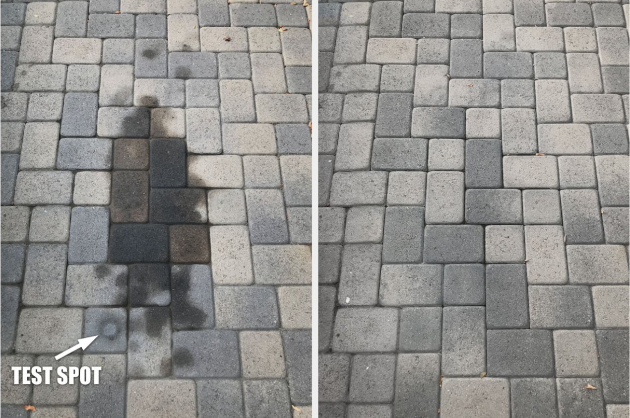 left: A large stain on reviewer&#x27;s paver stones, plus a clean test spot / right: After image showing no more stain