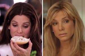 On the left, Sandra Bullock eating a bagel with cream cheese as Gracie in Miss Congeniality, and on the right, Sandra Bullock as Leigh Anne in The Blind Side