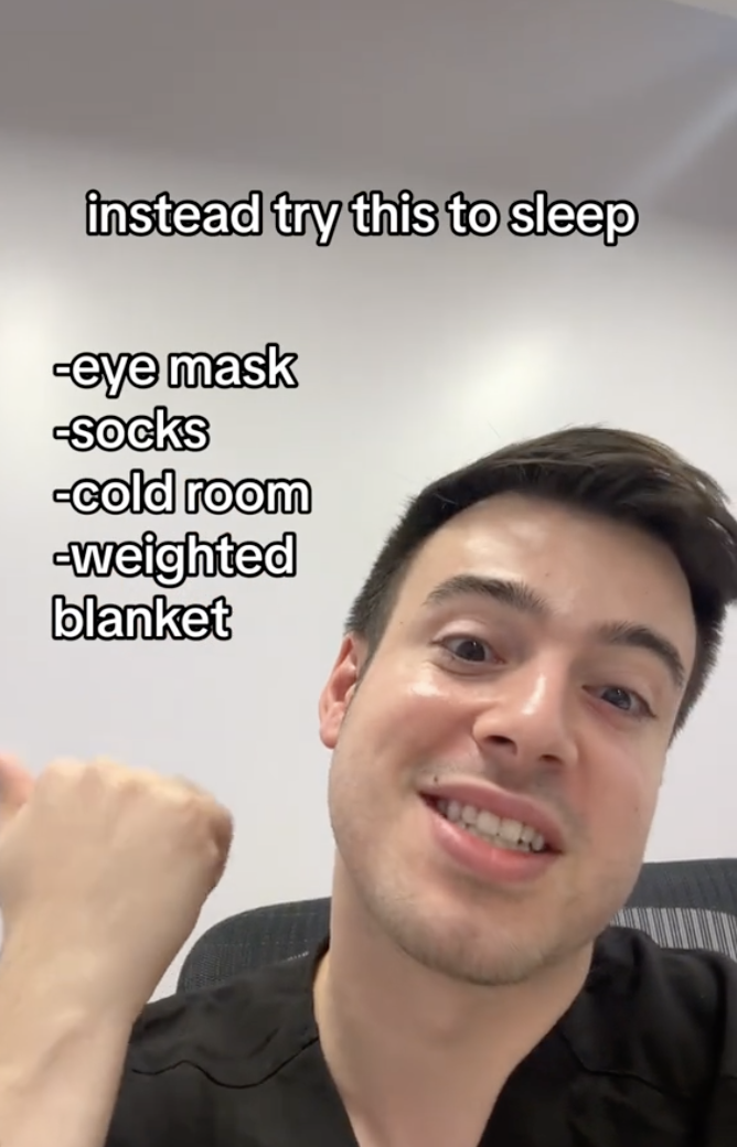 Close-up of Pugh recommending other sleep strategies, like eye masks and a weighted blanket