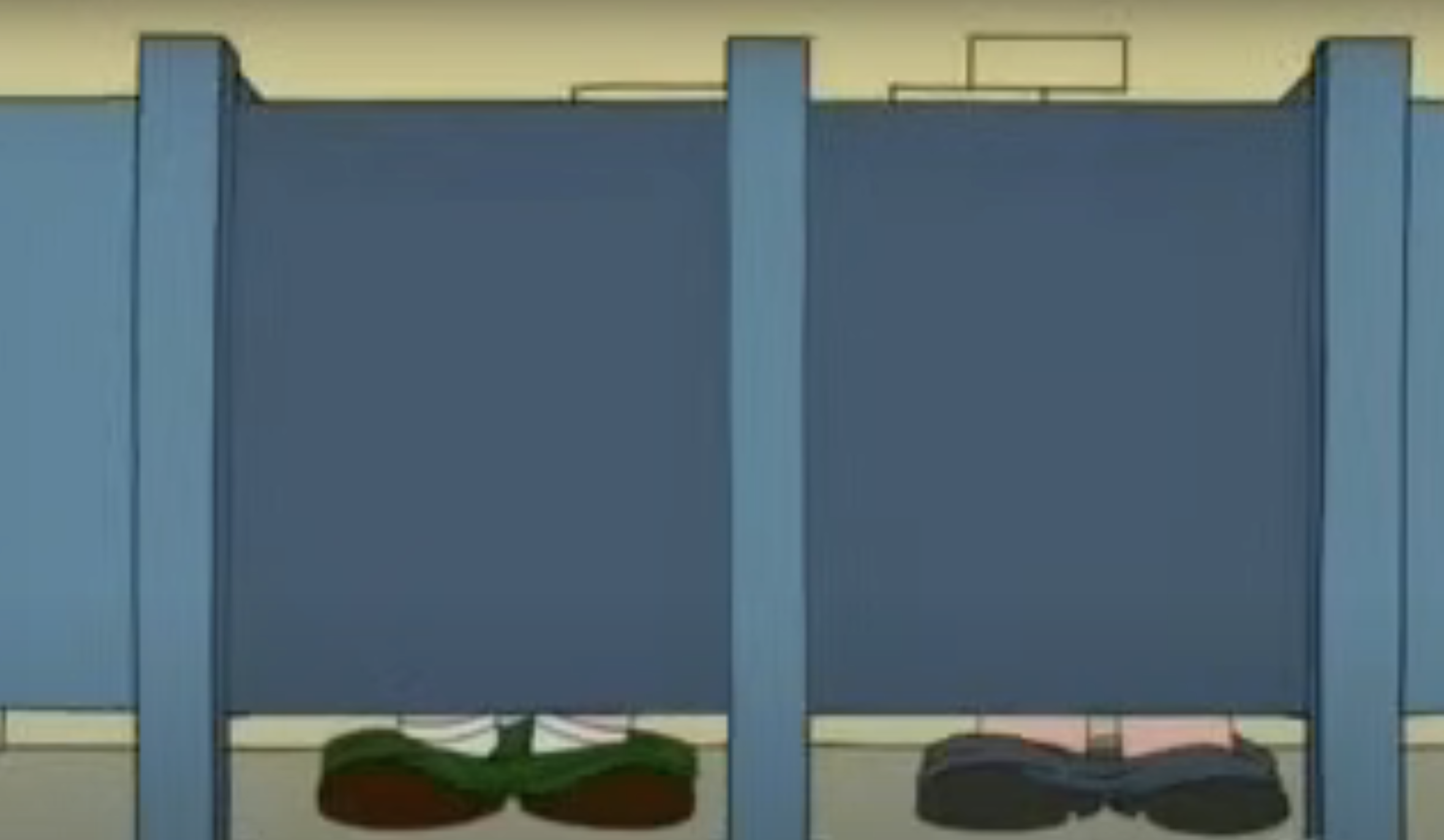 Extra-large shoes under stall doors in an animated cartoon