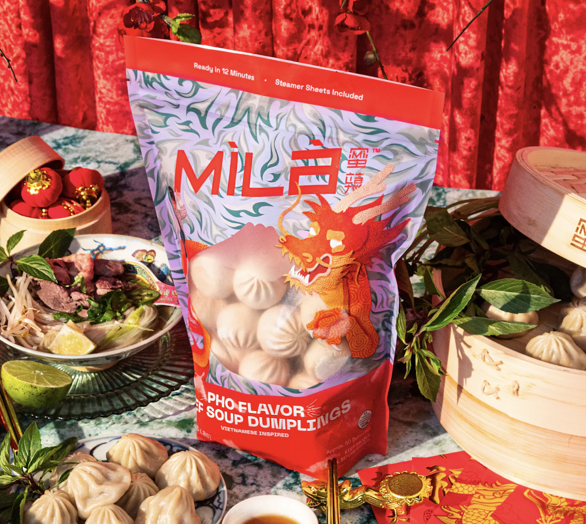 Bag of frozen dumpling surrounded by food eaten around Lunar New Year