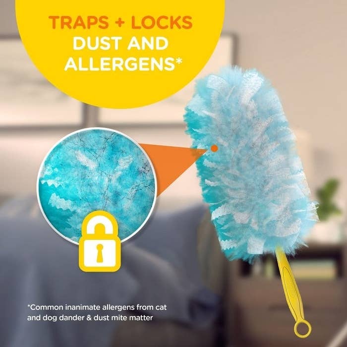 A duster with text explaining it traps allergens