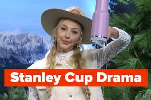 a woman pours water out of a stanley cup with text stanley cup drama