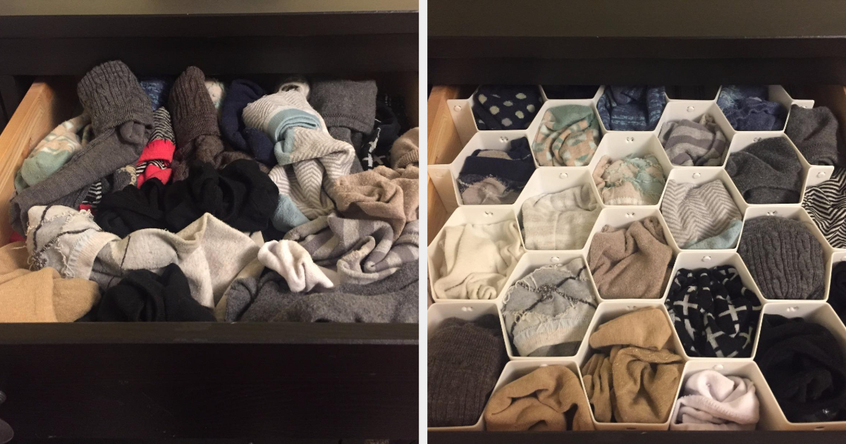 A reviewer&#x27;s drawer with jumbled socks on the left and the socks organized on the right