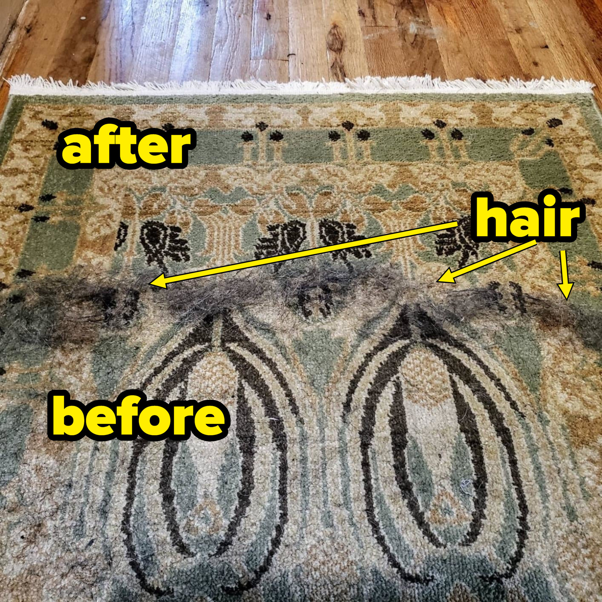 A reviewer&#x27;s carpet, half with the hair swept up half without