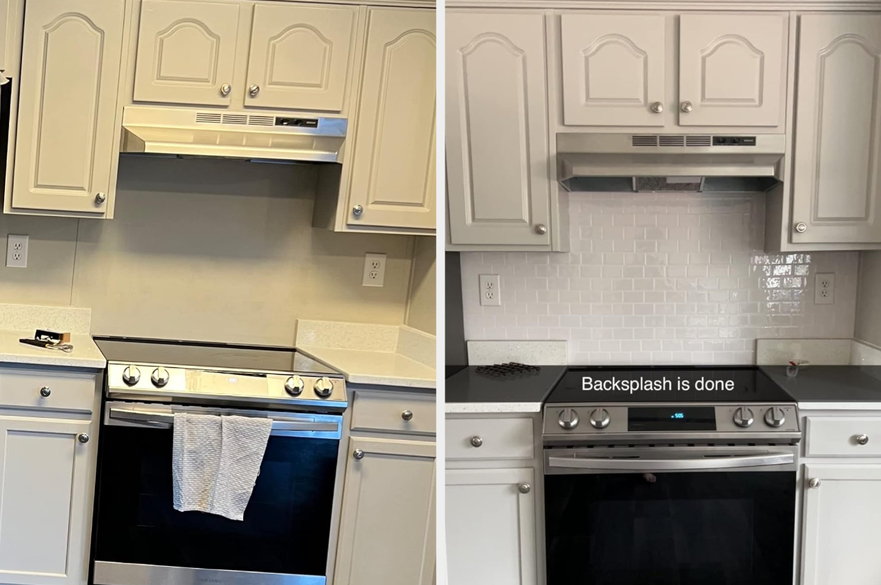 left: reviewer&#x27;s kitchen before, with no backsplash; right: after, with the shiny vinyl subway tile