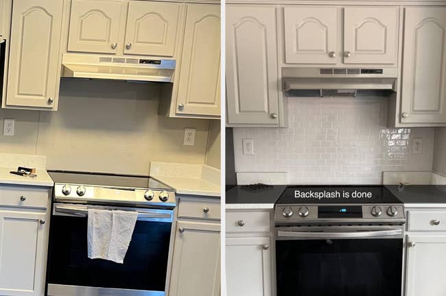 left: reviewer's kitchen before, with no backsplash; right: after, with the shiny vinyl subway tile