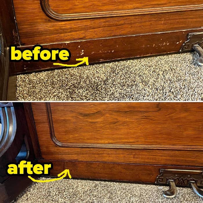 A reviewer&#x27;s wooden piano base in a before/after photo showing the scratches and scuffs covered