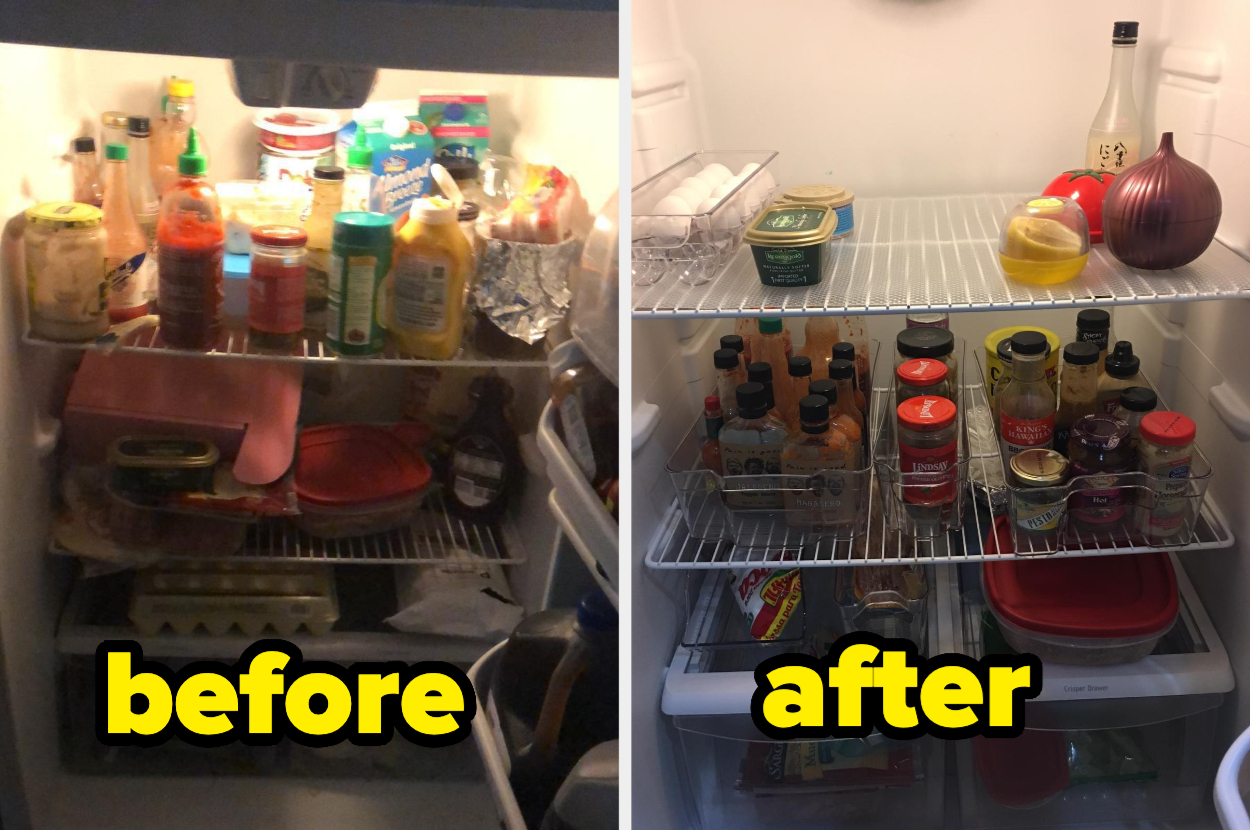left: Review image of a full and disorganized fridge right: The same fridge organized with the bins with way more space