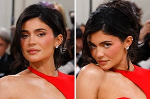 Kylie Jenner poses on the red carpet vs a closeup of Kylie Jenner