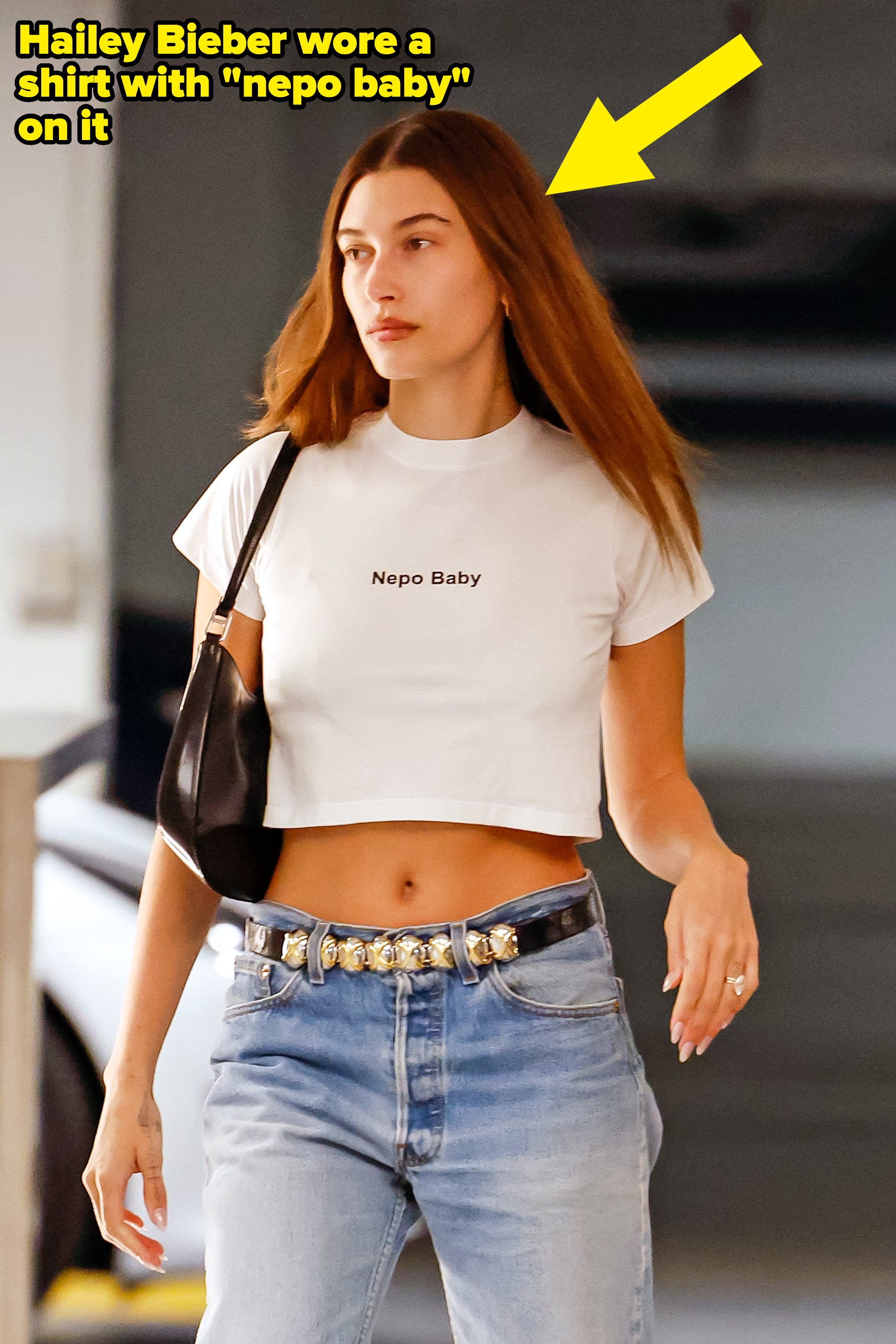hailee bieber wearing a shirt that says nepo baby