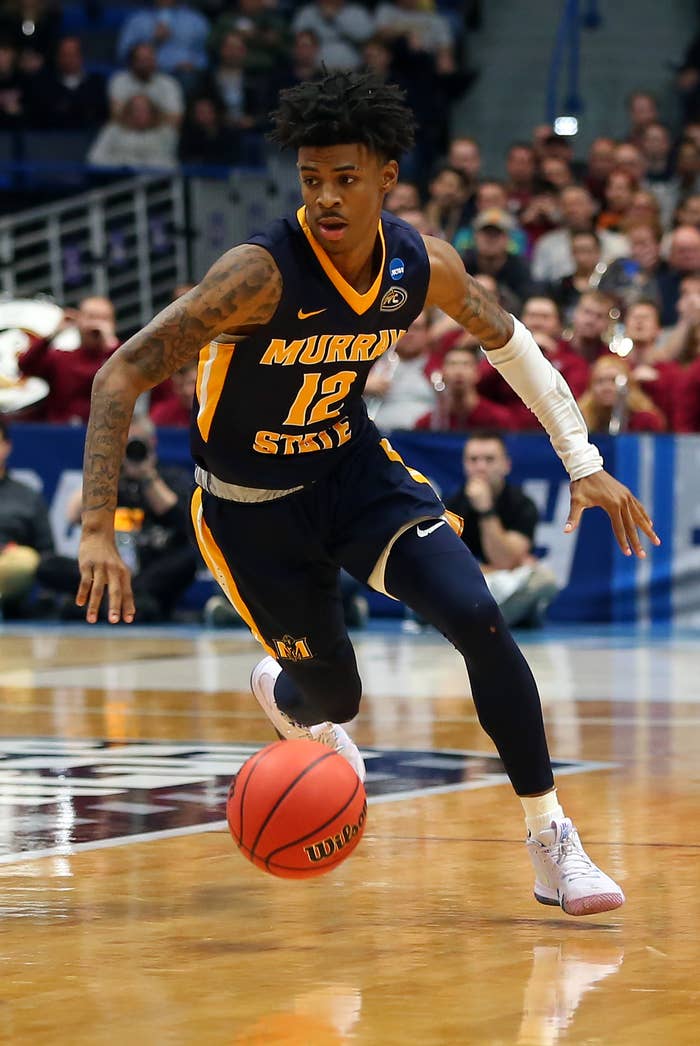 Murray State Racers guard Ja Morant (12) fast-breaks during the basketball game between Murray State Racers and Florida State Seminoles on March 23, 2019.