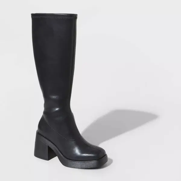 Black wide calf boot with heel.
