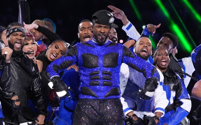 Usher onstage at the Super Bowl