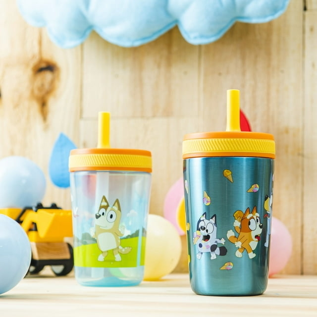 two sippy cups with Bluey characters and a silicon straw