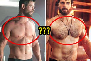 Thor with a smooth chest next to Superman with a hairy chest
