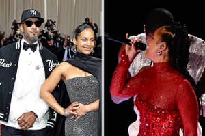 Swizz Beatz and Alicia Keys pose at the Met Gala vs Alicia Keys performing with Usher at the 2024 Super Bowl