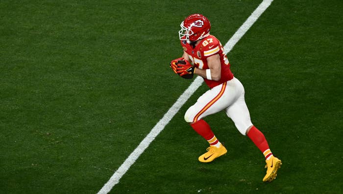 Travis Kelce on the field at the Super Bowl