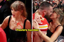 Taylor with Travis's number on her necklace, the couple kissing