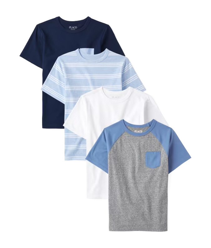 a four pack of t shirts in blue and white