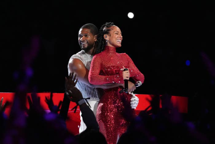 Usher and Alicia Keys onstage at the Super Bowl